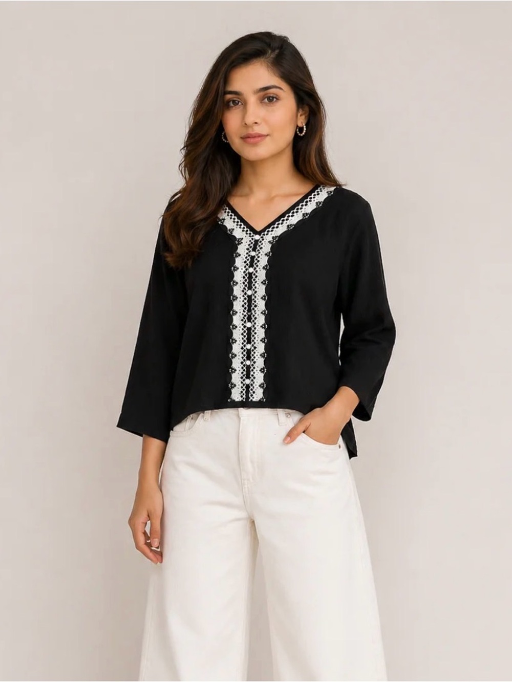 LOFT Black V-Neck Tunic with White Embroidered Trim
